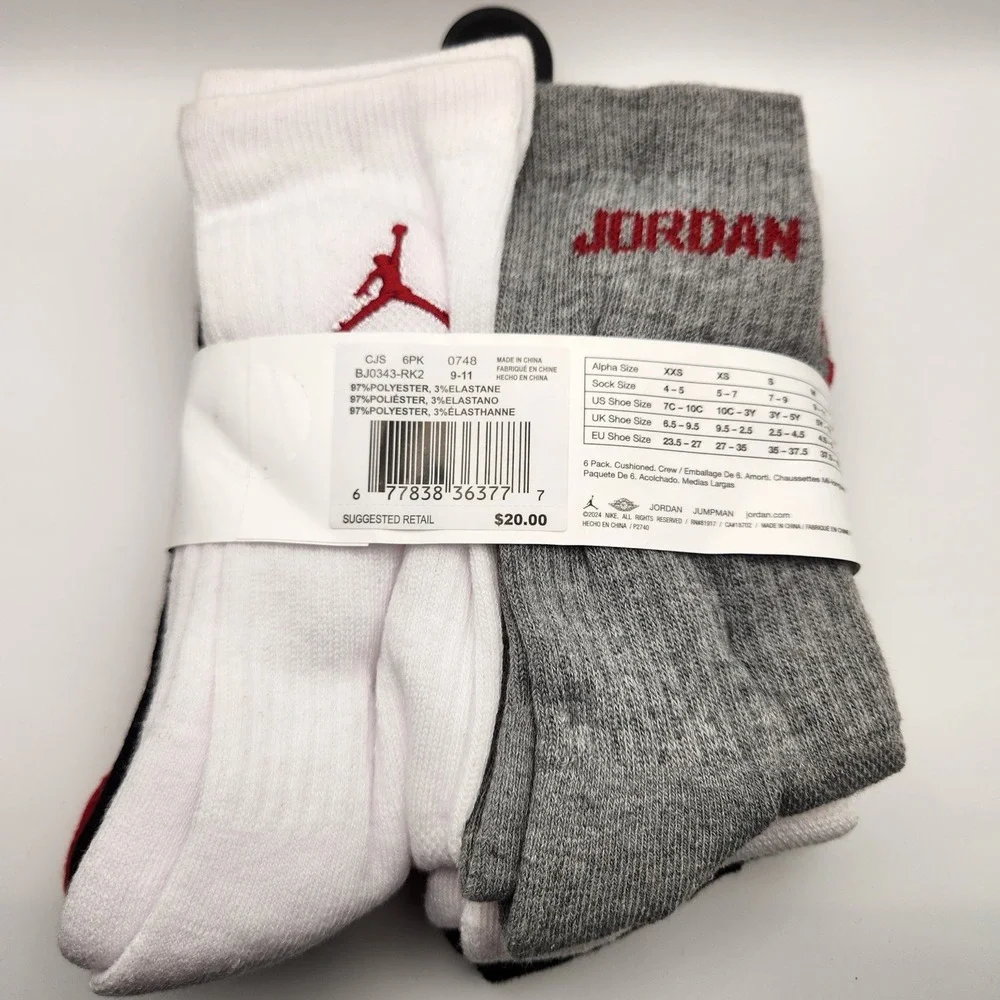 Nike Jordan Boys Socks Crew Jumpman Basketball Youth 6 Pr Shoe SZ  5Y-7Y